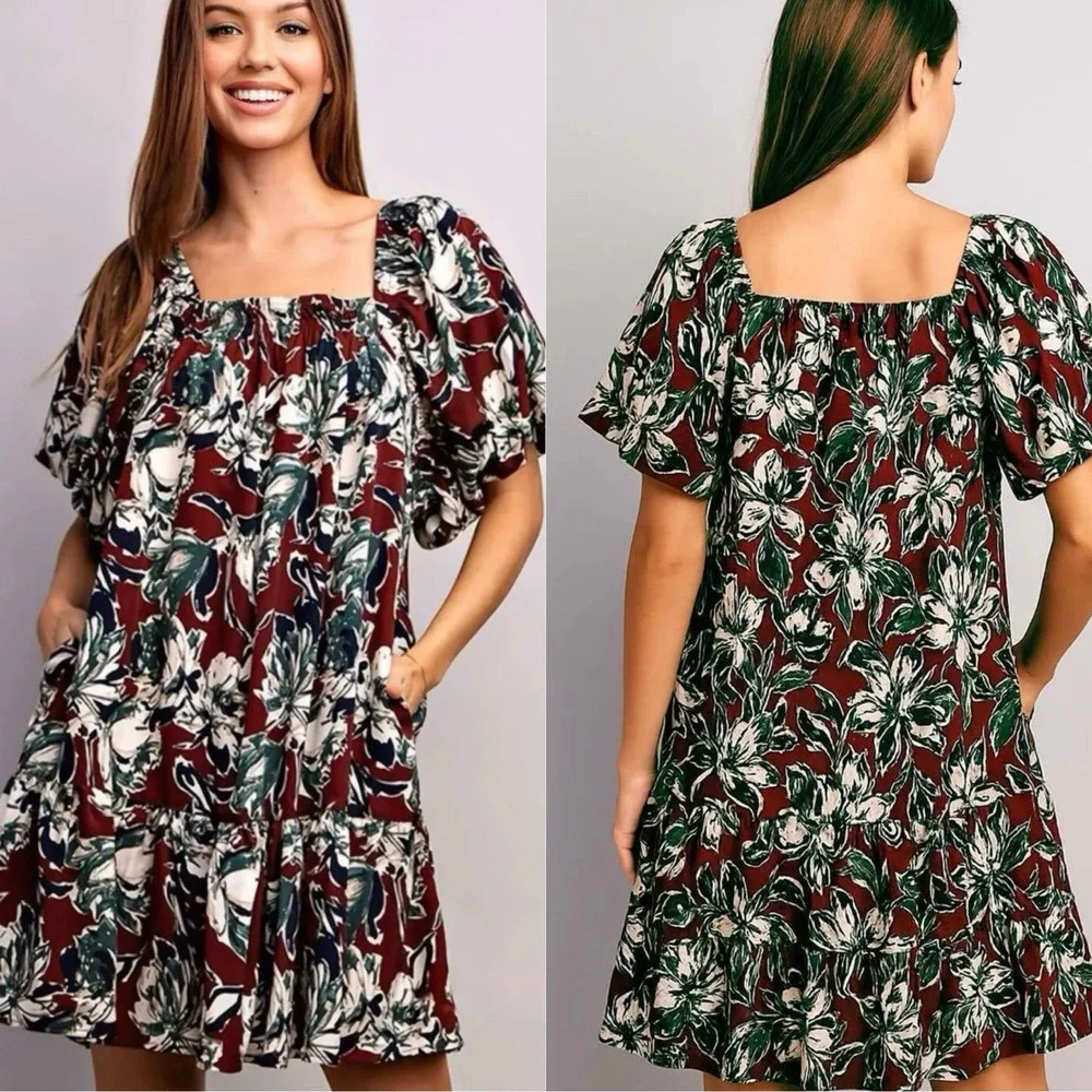 ee:some Boho Floral Babydoll Dress w/ Pockets Ruffle‎ Hem Puff Sleeves Size L